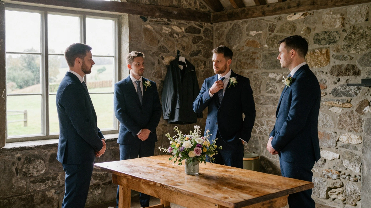 Groomsmen in dark blue suits at a rural Irish wedding, soft light filtering through a stone barn.