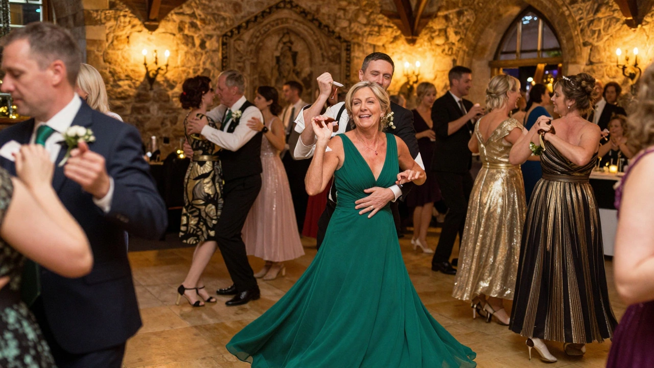 Guests dancing at Irish wedding reception in rustic stone hall