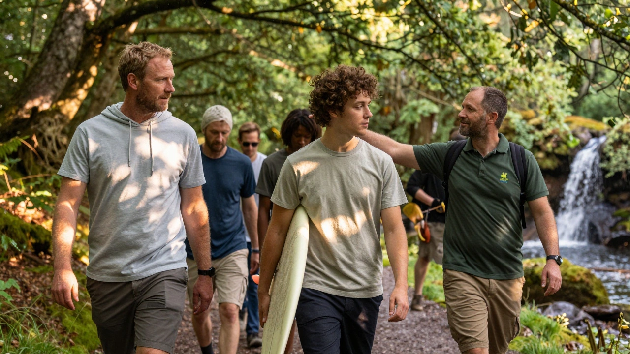 Irish locals in simple cotton tees walking through Glendalough forest as sunlight and drizzle mix.