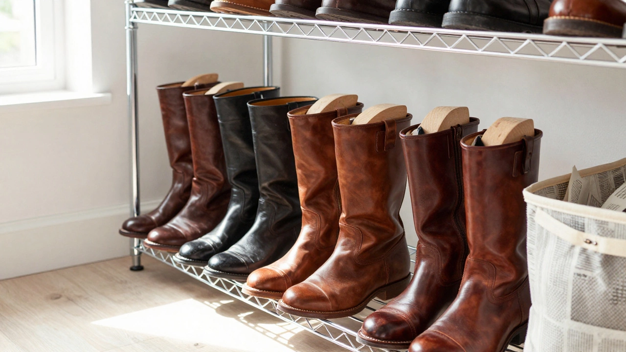 Leather boots stored with wooden shoe trees for care.