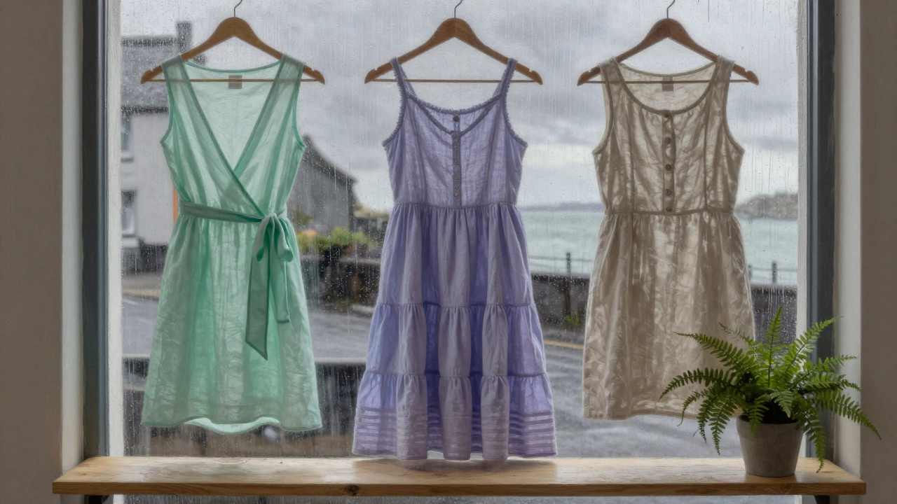 Mint, lavender, and beige summer dresses displayed in a Dublin boutique window under soft overcast light.