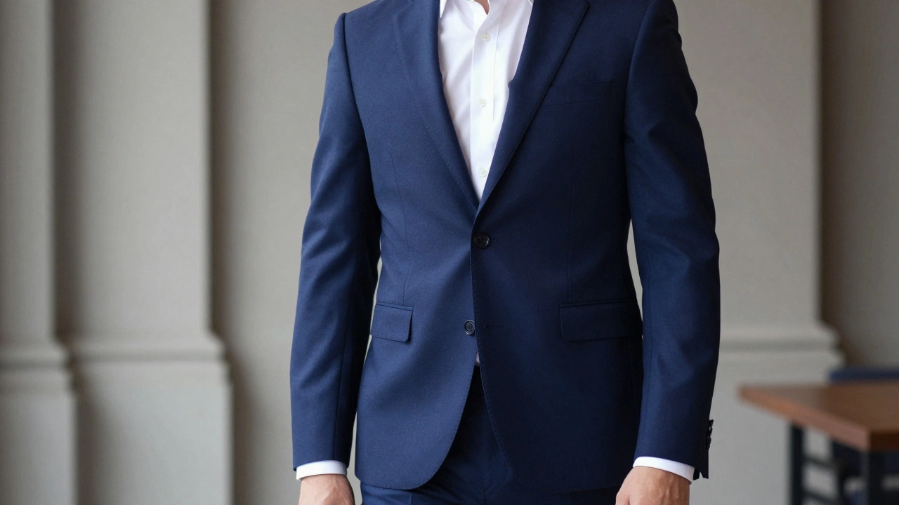 Professional man in tailored navy suit showing cuff detail.