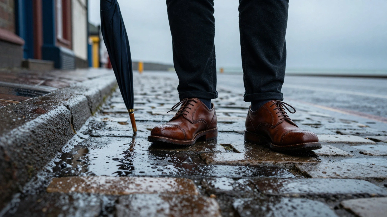 Shiny brown leather brogues on wet city street stones.