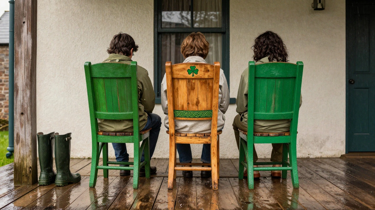 Three bakya sandals with Irish-themed straps resting on a rainy Irish porch beside wet wellies.