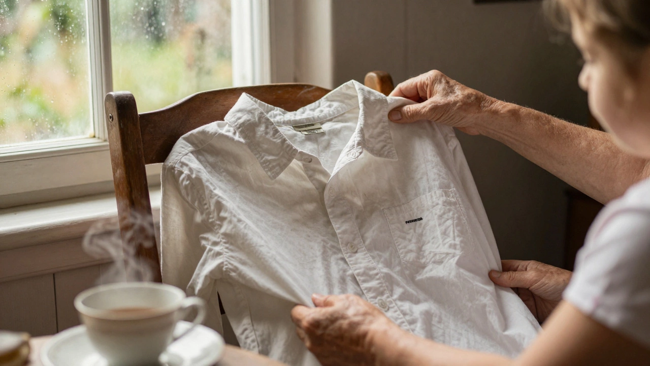Three generations holding the same faded, worn-out cotton shirt in a rural Irish cottage.