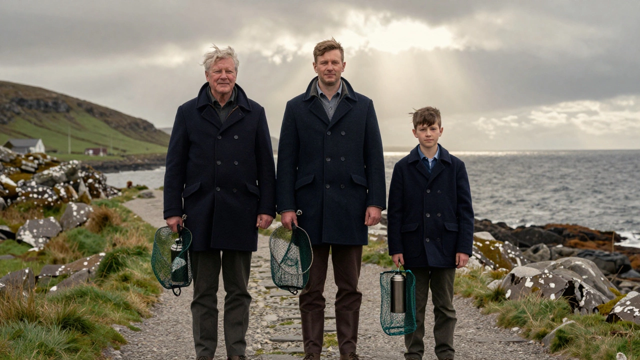 Three generations of Irish men wear classic wool coats together on a coastal path in Donegal.