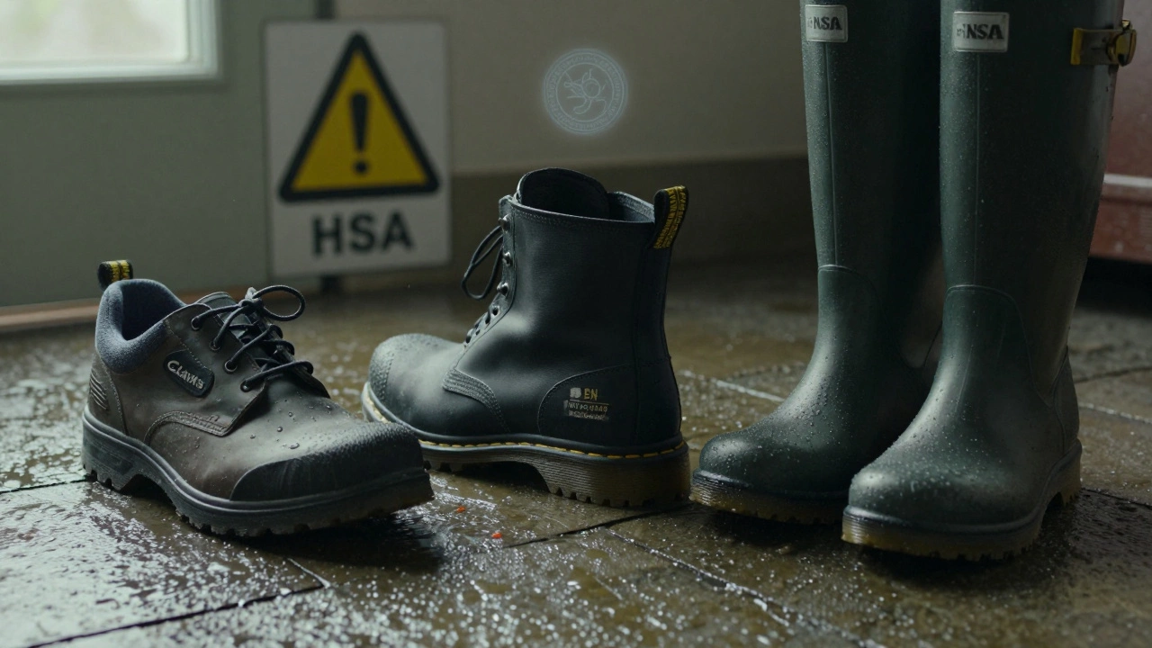 Three types of Irish footwear arranged on wet stone, with safety boot showing EN ISO 20345 certification label.