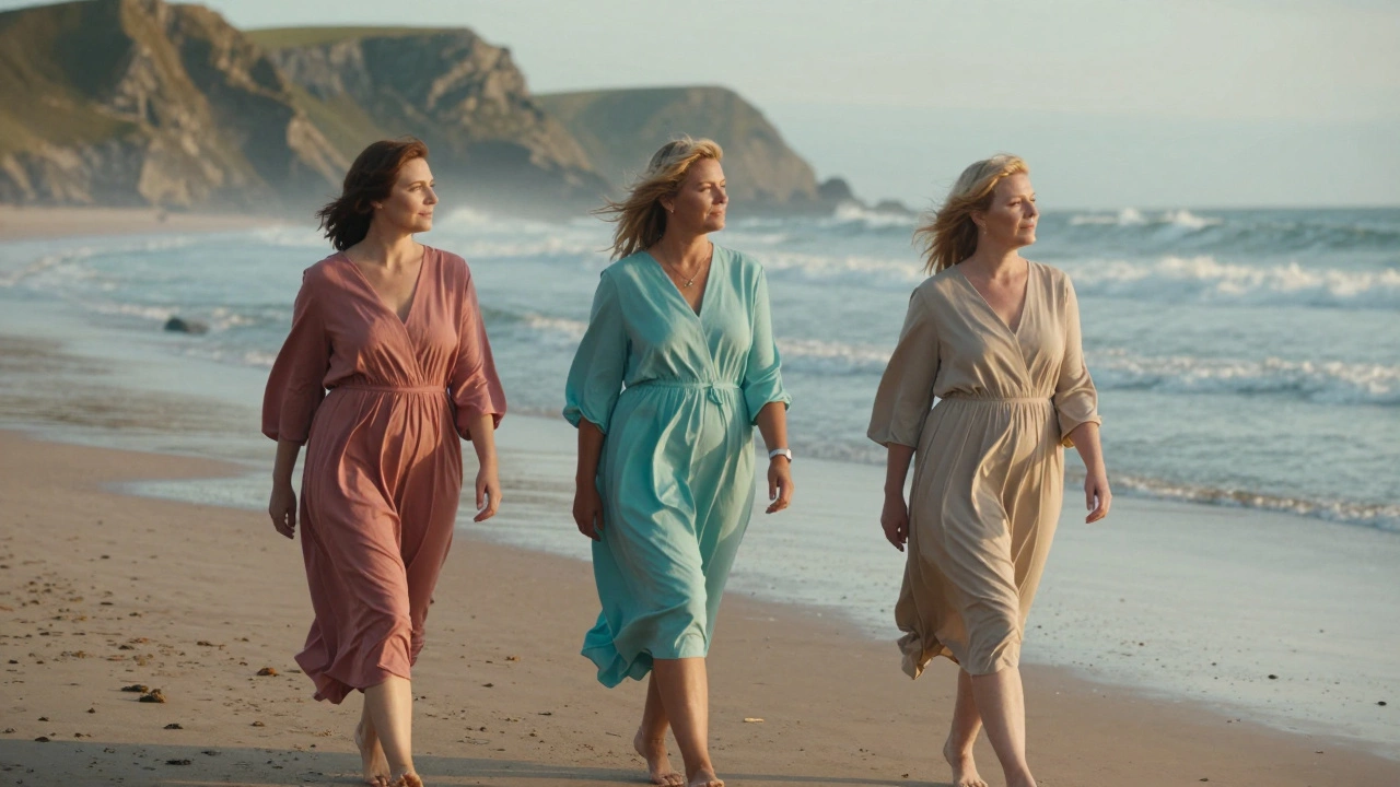 Three women walking on Ballybunion Beach in flattering summer dresses, mist rolling in from the Atlantic.