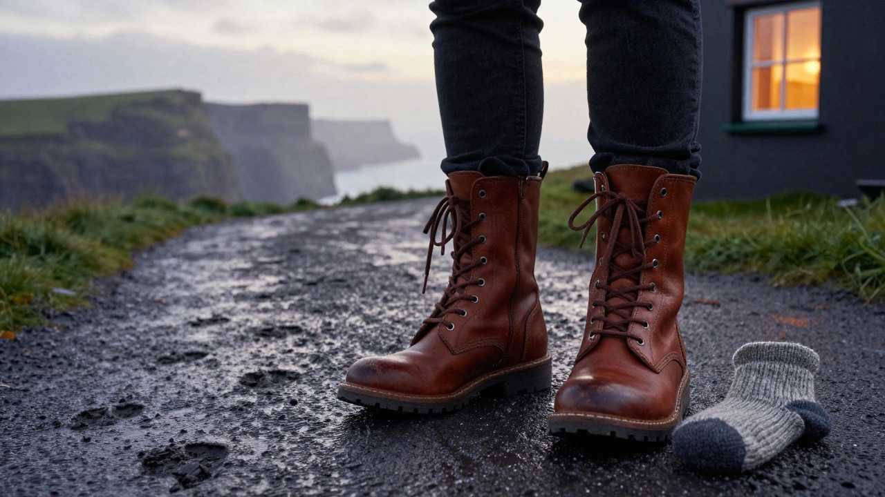 Thursday Boots standing on wet Irish path with wool sock and waxed laces at dawn