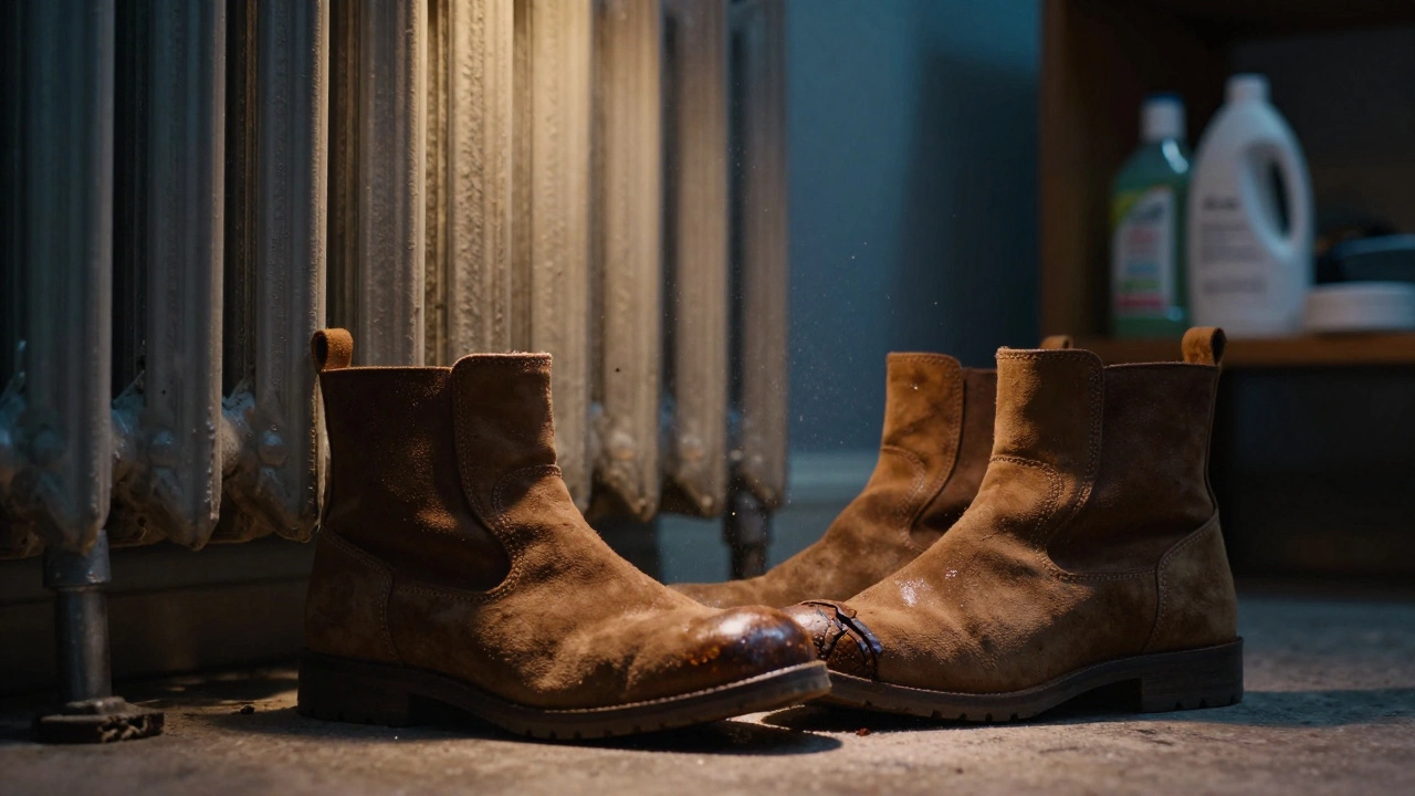 Wet boots near a radiator illustrating improper drying.