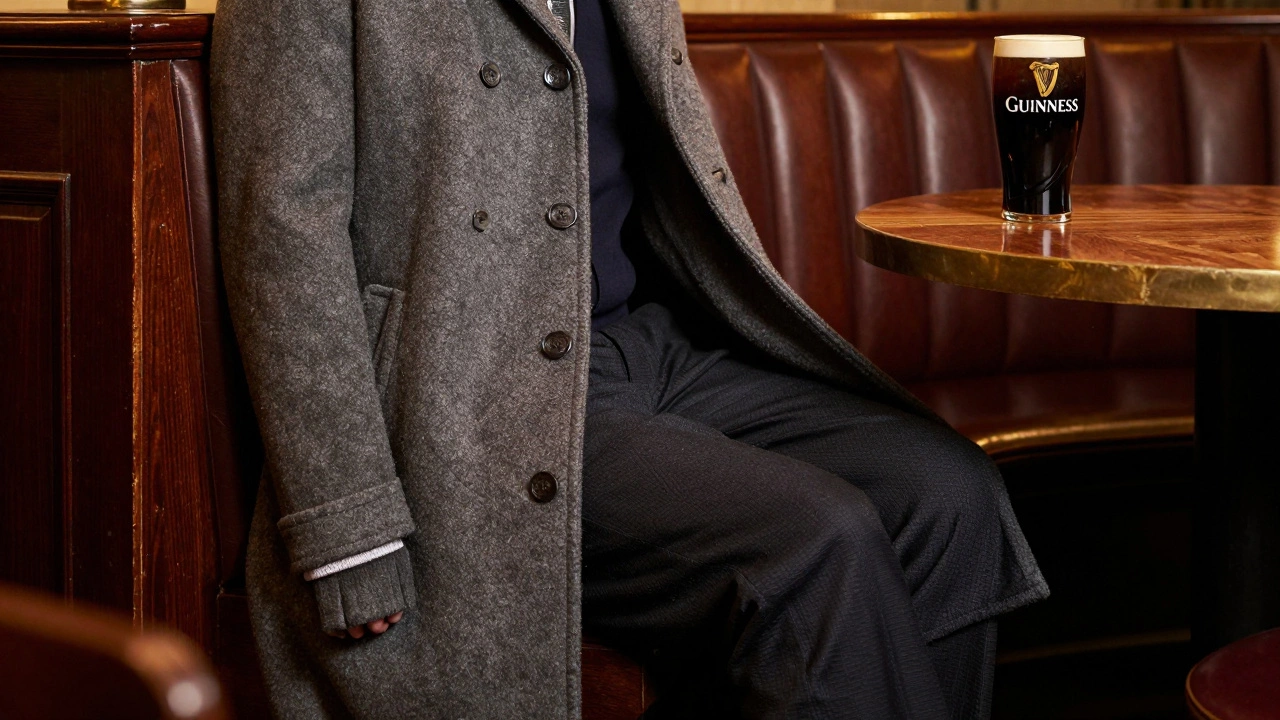 A long coat draped across a person's lap while sitting in a warm Irish gastropub booth.