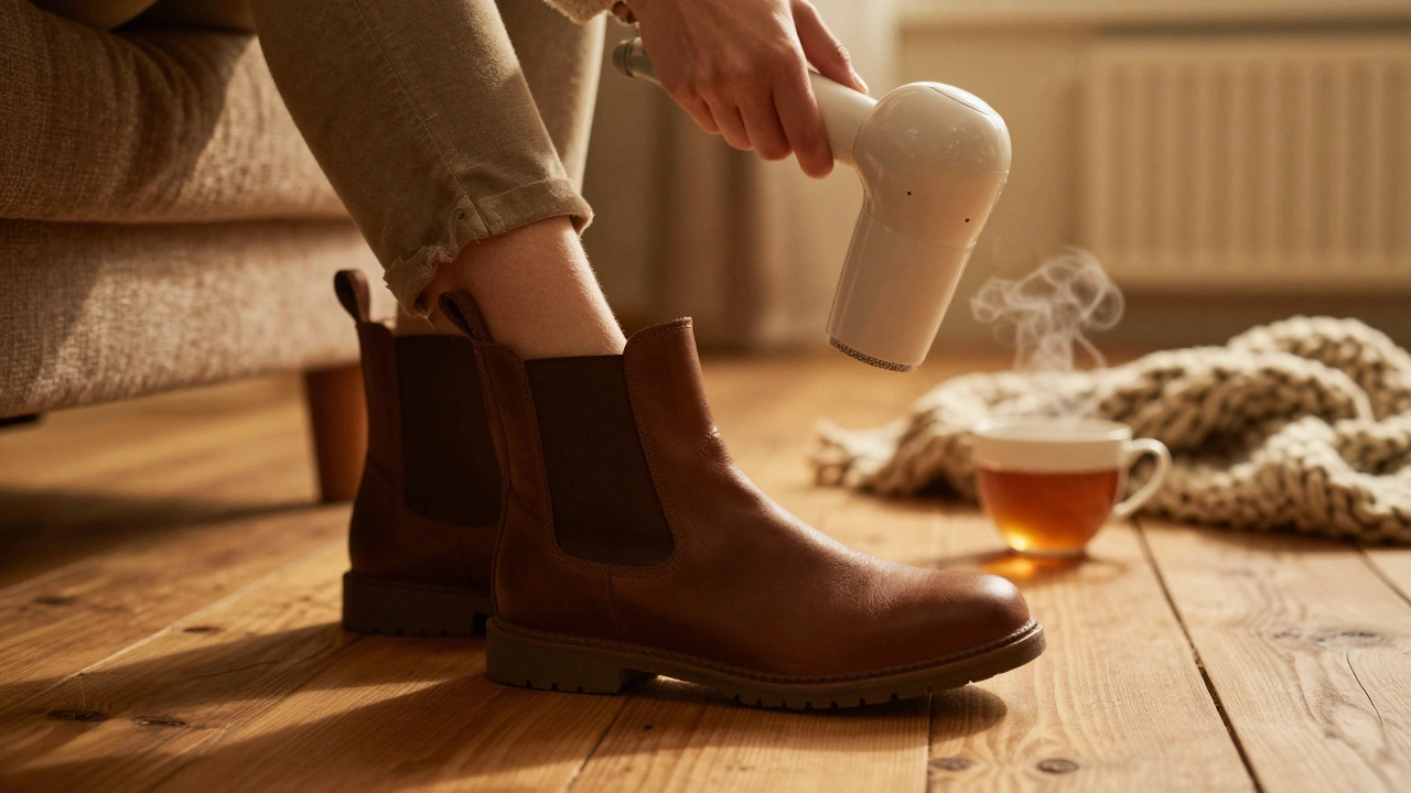 A person using a hairdryer to break in leather Chelsea boots in a cozy home
