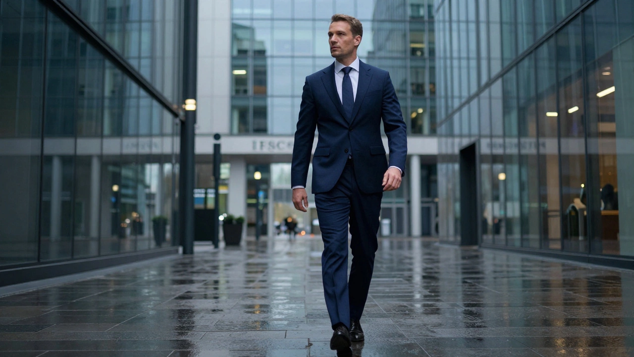 A professional man wearing a well-fitted navy luxury wool suit in the Dublin IFSC district.