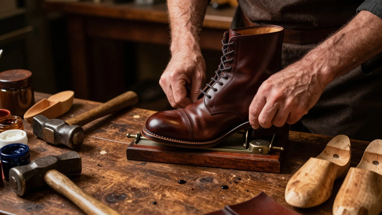 A professional shoe stretcher expanding a leather boot on a cobbler's workbench