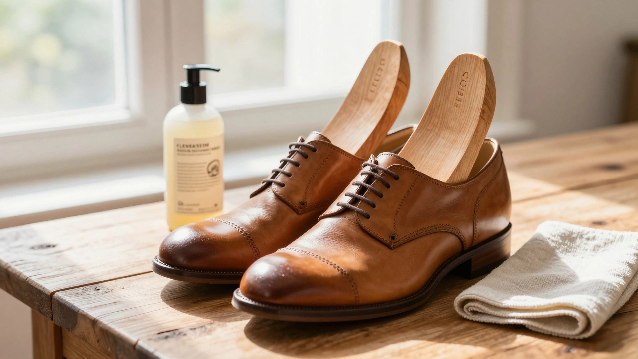 Cedar shoe trees inserted into tan leather shoes on a wooden table