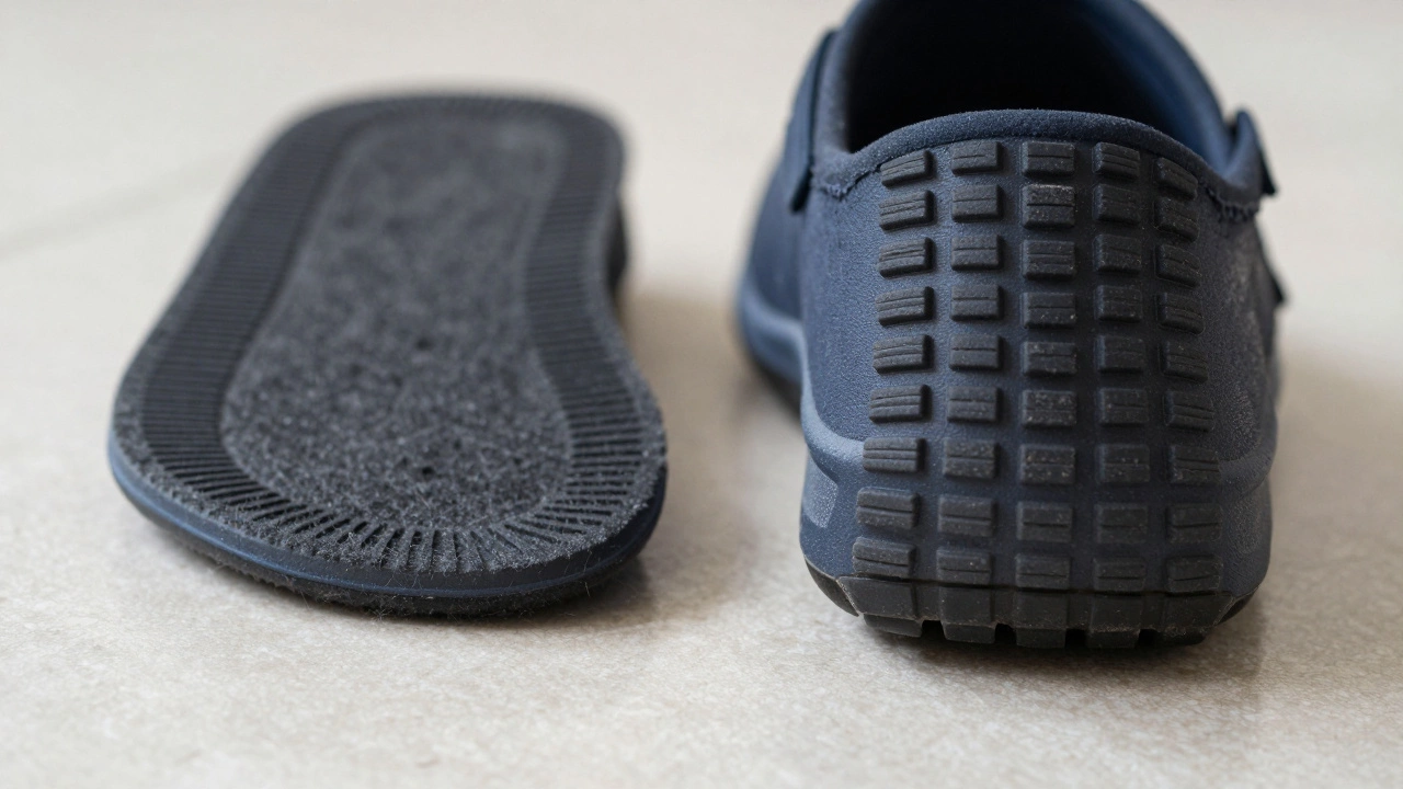 Close-up comparison of slippery fabric sole and grippy rubber sole