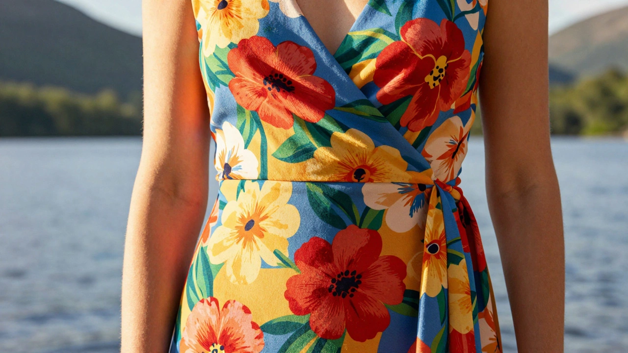 Close-up of a floral wrap dress showing the flattering diagonal drape