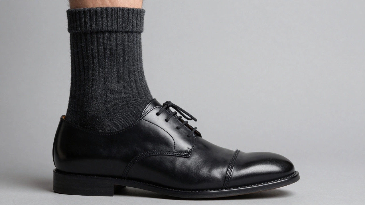 Close-up of a foot in a grey merino wool sock entering a polished black leather shoe