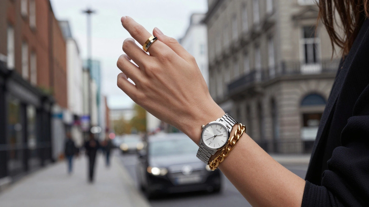 Close-up of a wrist wearing mixed gold and silver jewelry in an urban setting