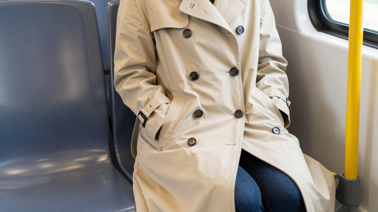 Close-up of an unbuttoned beige trench coat flaring naturally while seated on public transport.