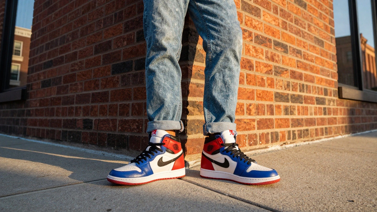 Close-up of high-end collectible sneakers worn by a person in downtown Toronto.