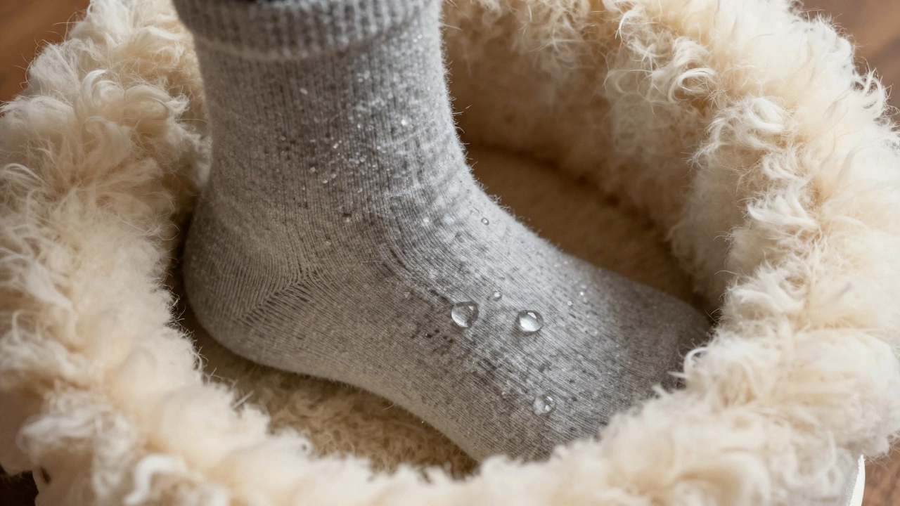 Close-up of sheepskin boot lining and a damp cotton sock