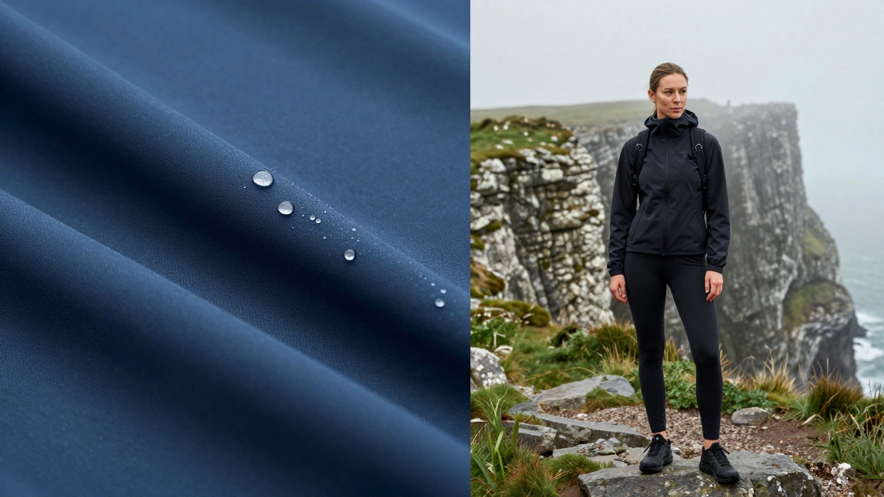 Close-up of water-resistant activewear fabric and a person hiking on misty Irish cliffs.