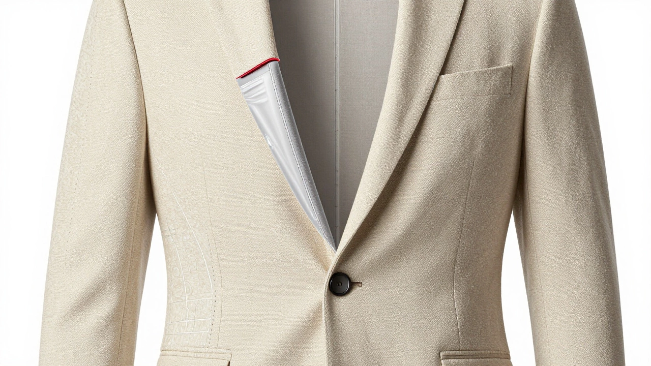 Cross-section diagram showing the difference between glued fused and stitched canvas suit construction.