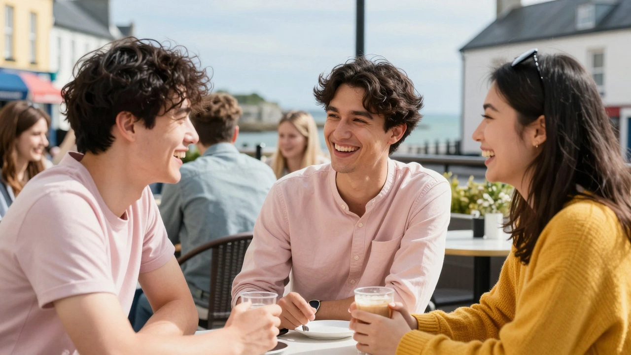 Friends laughing at a coastal cafe, featuring someone in a pastel pink shirt and another in honey-yellow.