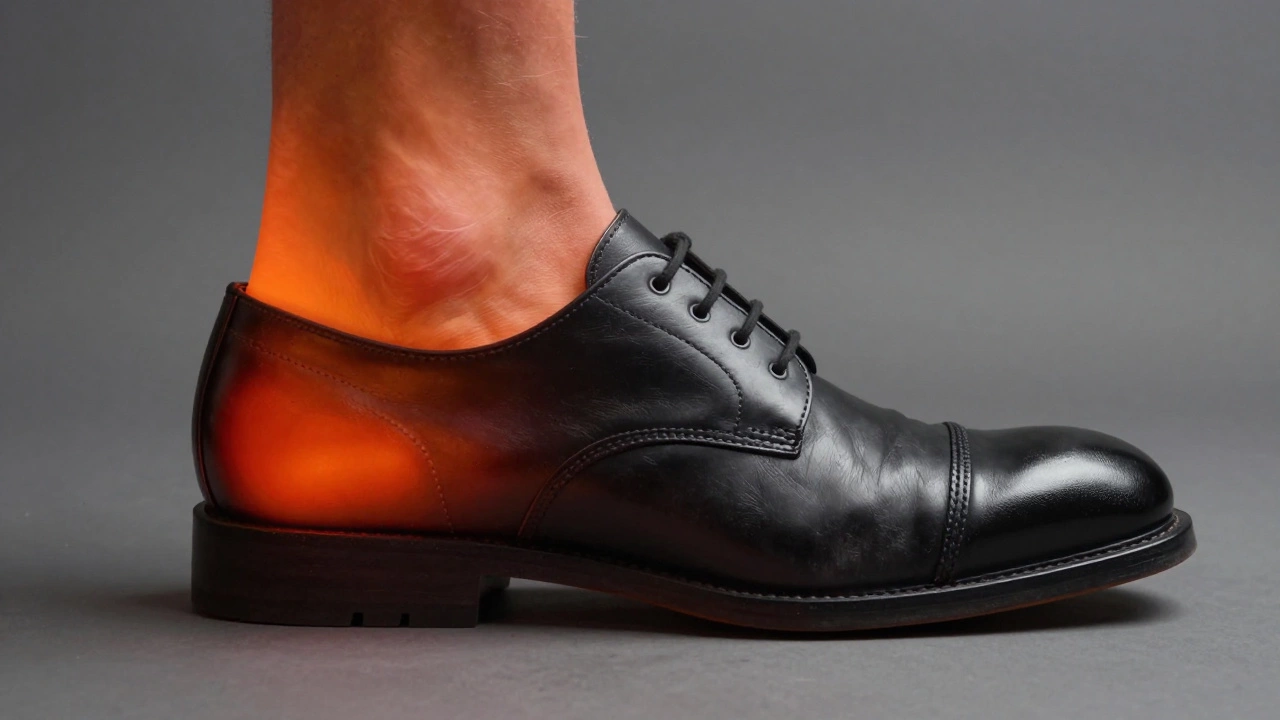 Heat map visualization of pressure points inside a stiff black leather shoe