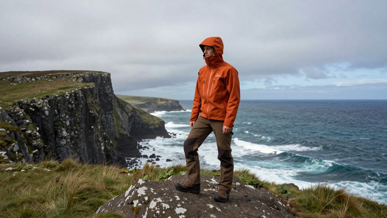 Hiker in a technical orange waterproof jacket standing on a rugged cliff by the Atlantic Ocean