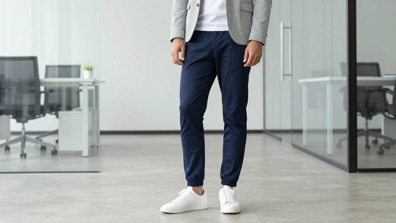 Man wearing a professional blazer with premium joggers and white sneakers in a modern office.