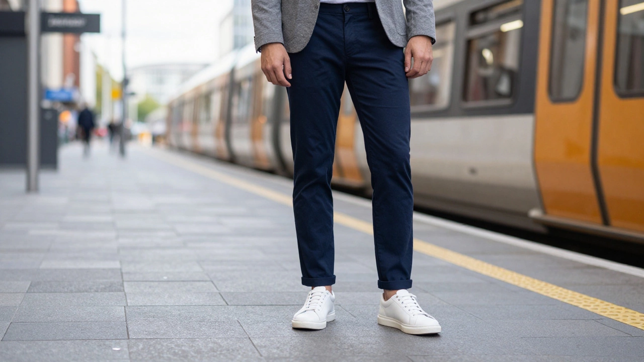 Person wearing a blazer and chinos with clean white minimalist sneakers at a train station.