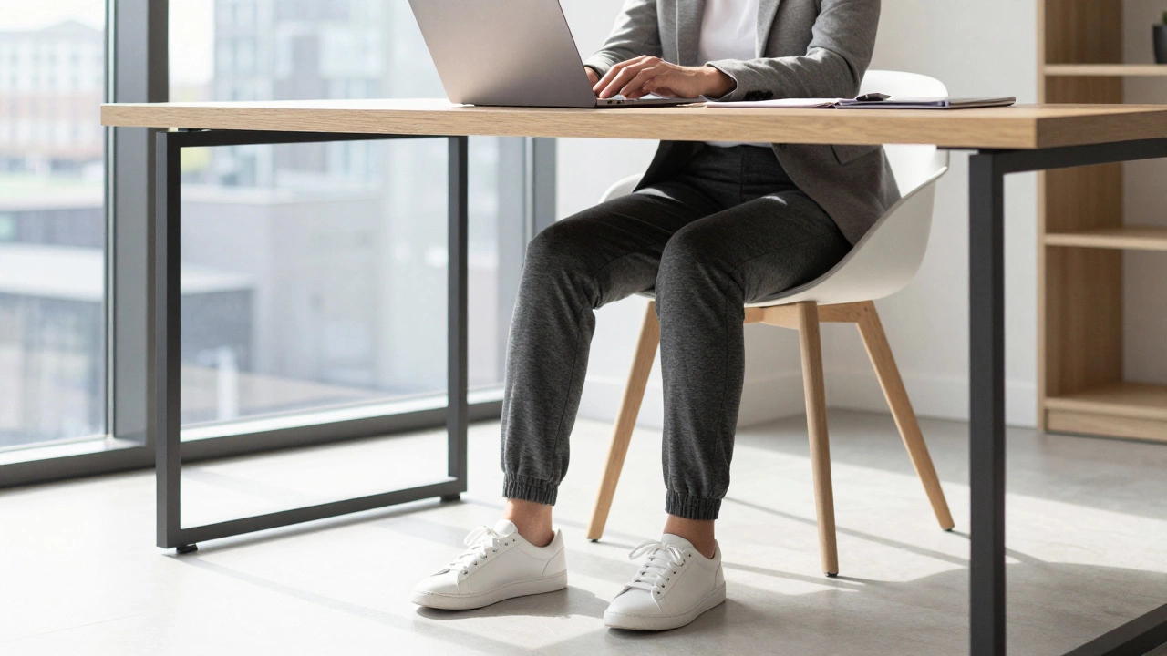 Person wearing a professional blazer and grey joggers while working at a home office desk