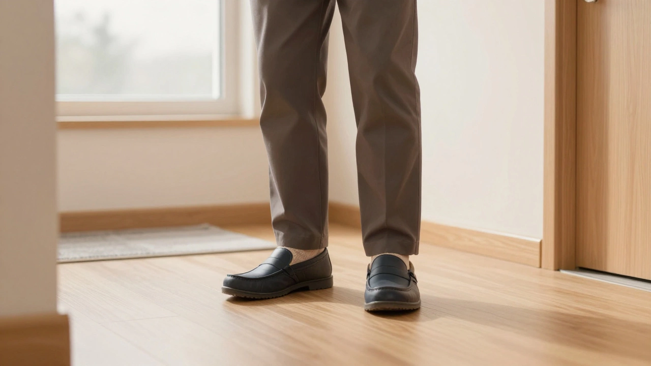 Senior standing safely in supportive shoes in clutter-free hallway