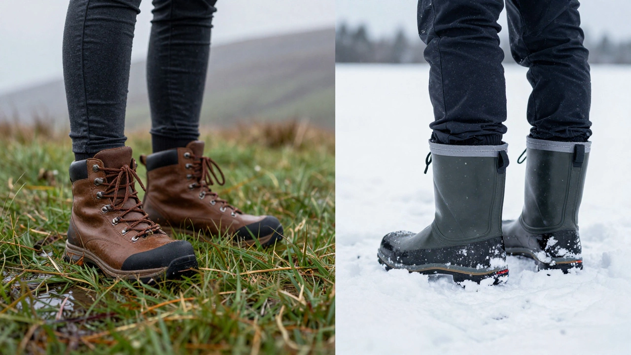 Split image comparing brown boots in rainy Ireland and winter boots in snowy Canada.