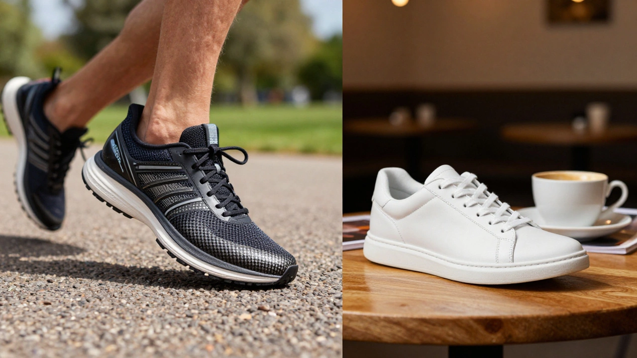 Split view of a technical running shoe in a park and a white leather sneaker in a cafe.