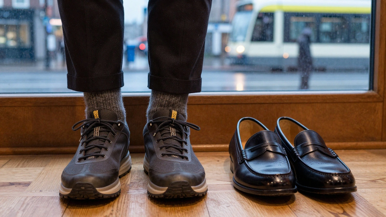 Supportive sneakers and leather loafers by a rainy window in Dublin