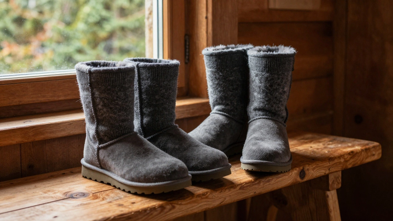 UGG boots and Merino wool socks on a wooden bench in a cozy cottage