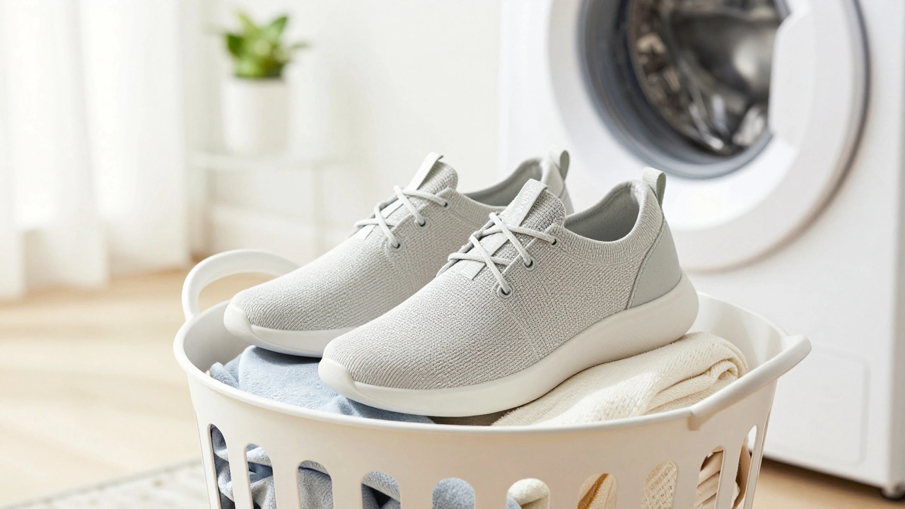 Allbirds shoes near laundry basket for washing