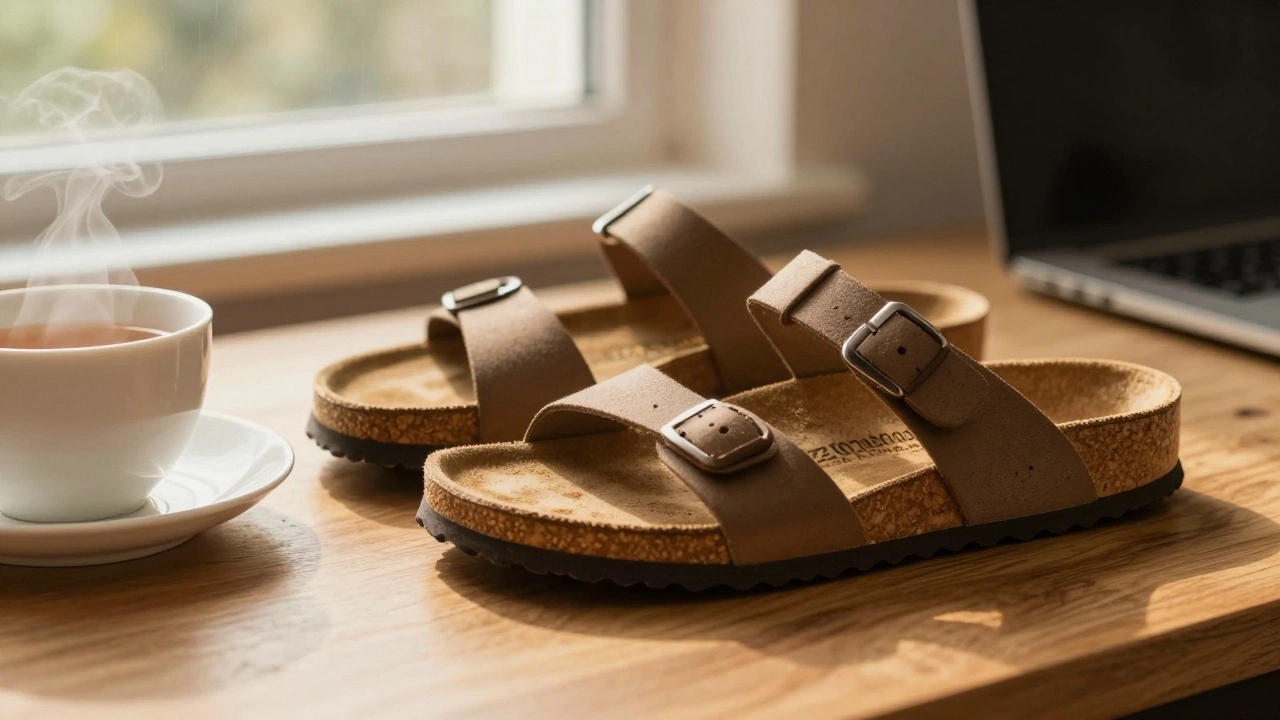 Birkenstock sandals on a desk showing cork sole