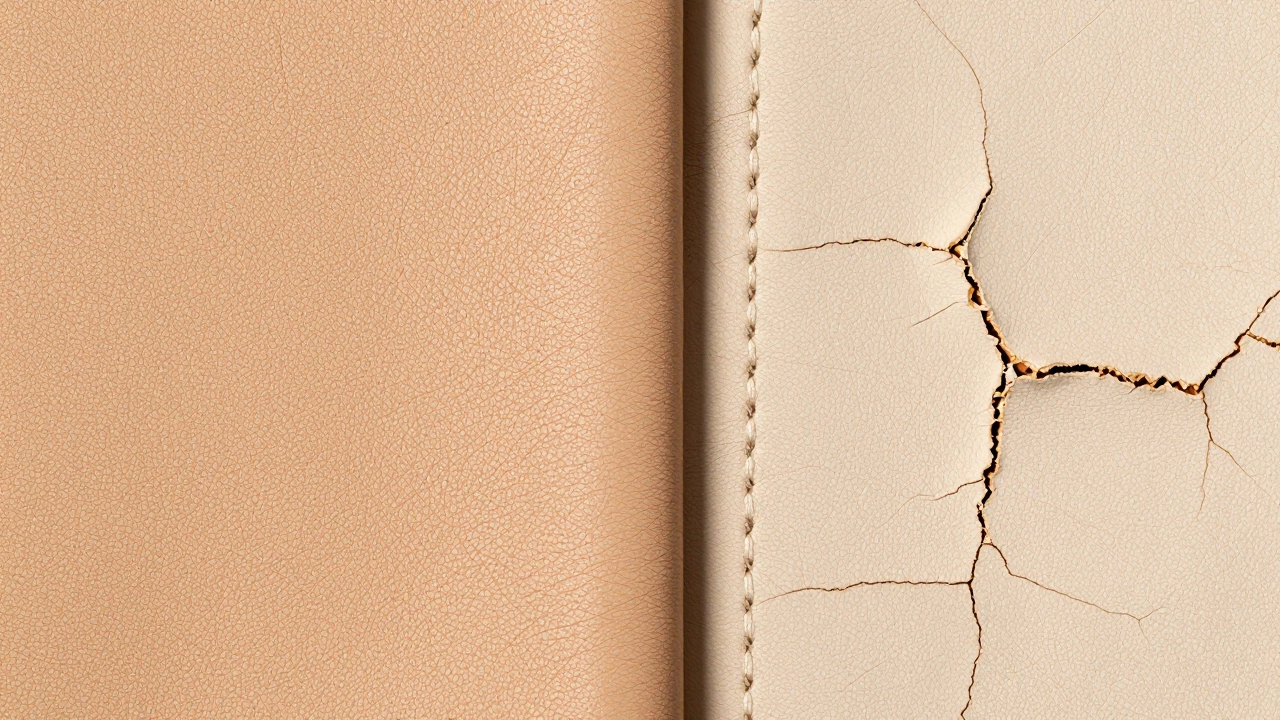 Close-up comparison of high-quality full-grain vs cracked bonded leather