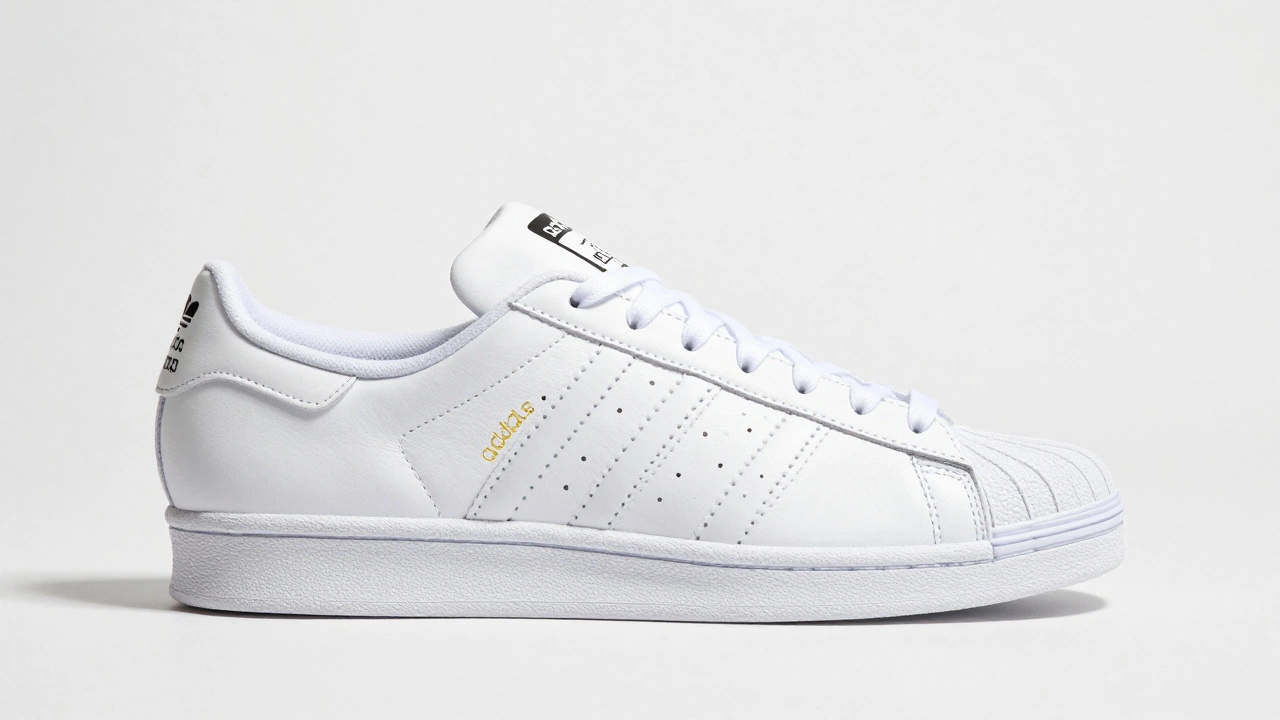 Close-up of a white Adidas Superstar sneaker showing its iconic shell toe design.