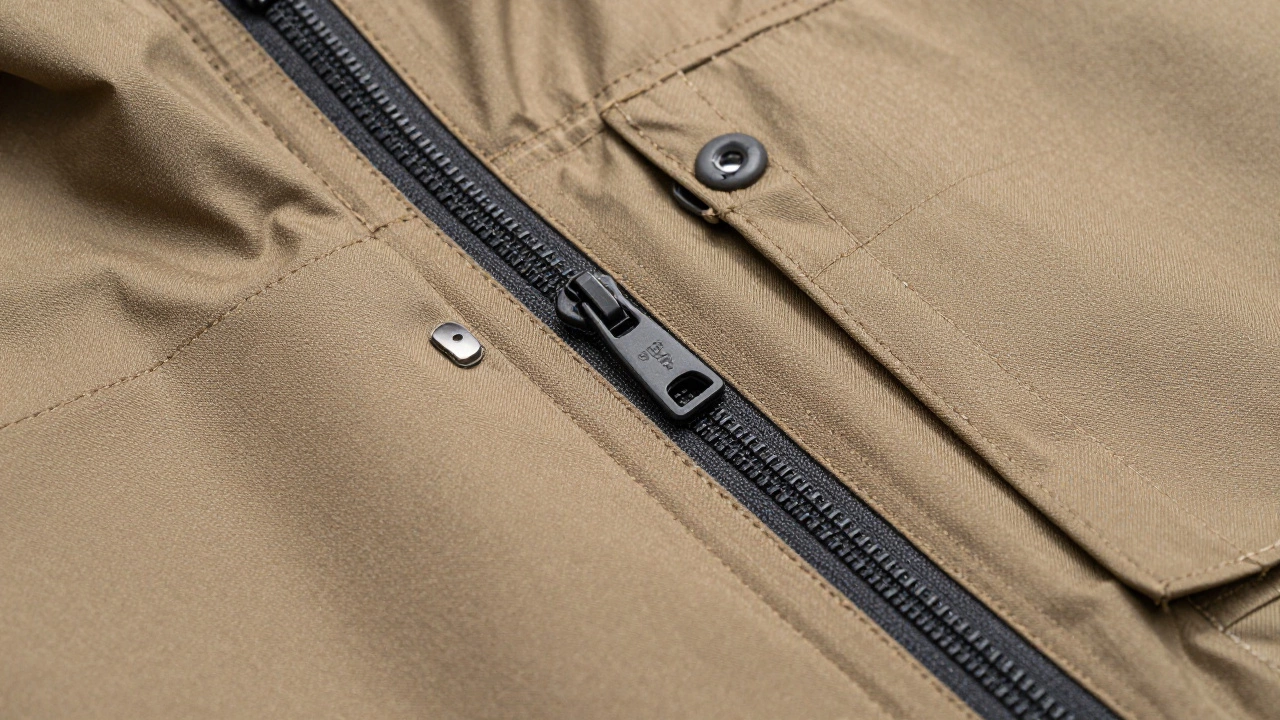 Close-up of durable ripstop fabric and zippers on jacket