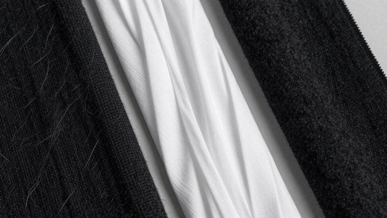 Close-up of merino wool, pleated polyester, and cashmere fabrics