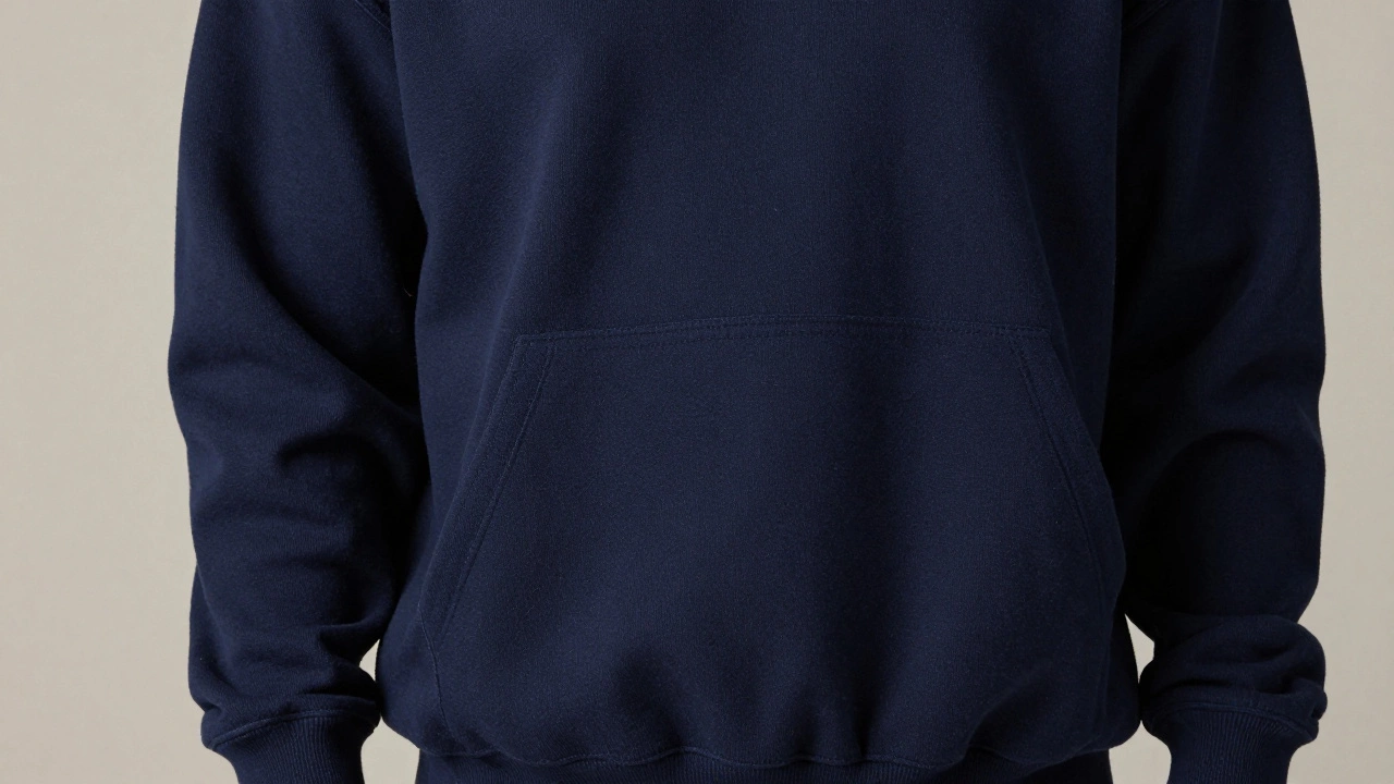 Close-up of navy heavyweight hoodie showing drop shoulder fit