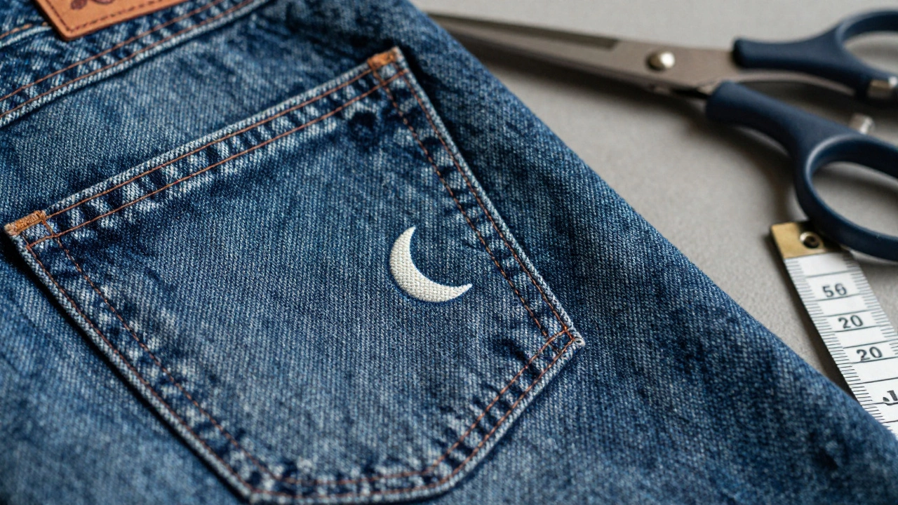 Close-up of premium selvedge denim fabric with hand-painted details
