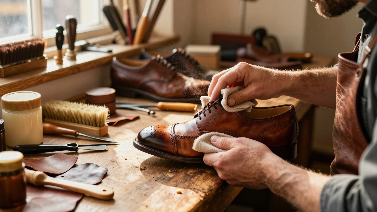 Cobbler polishing leather shoes in a traditional Irish workshop