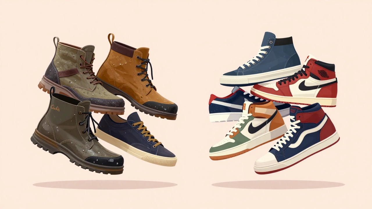 Conceptual art showing durable Irish trainers versus trendy American sneakers in a studio setting.