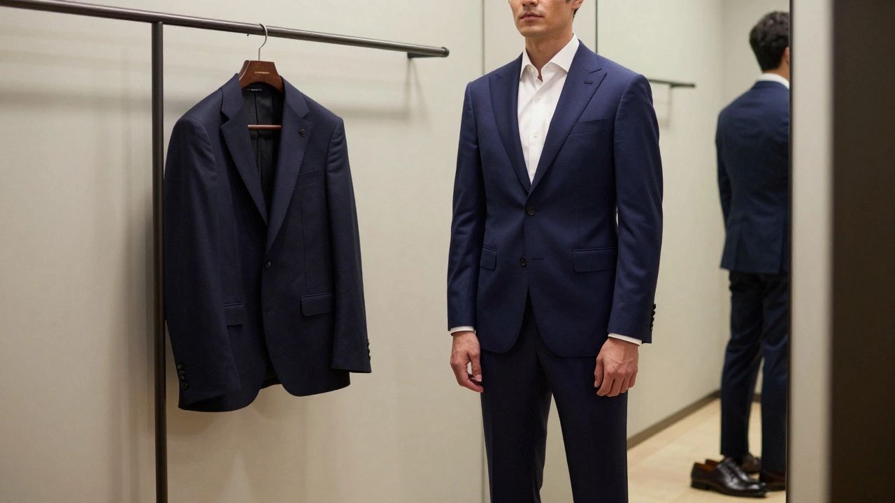 Confident man in a perfectly tailored navy suit in a fitting room